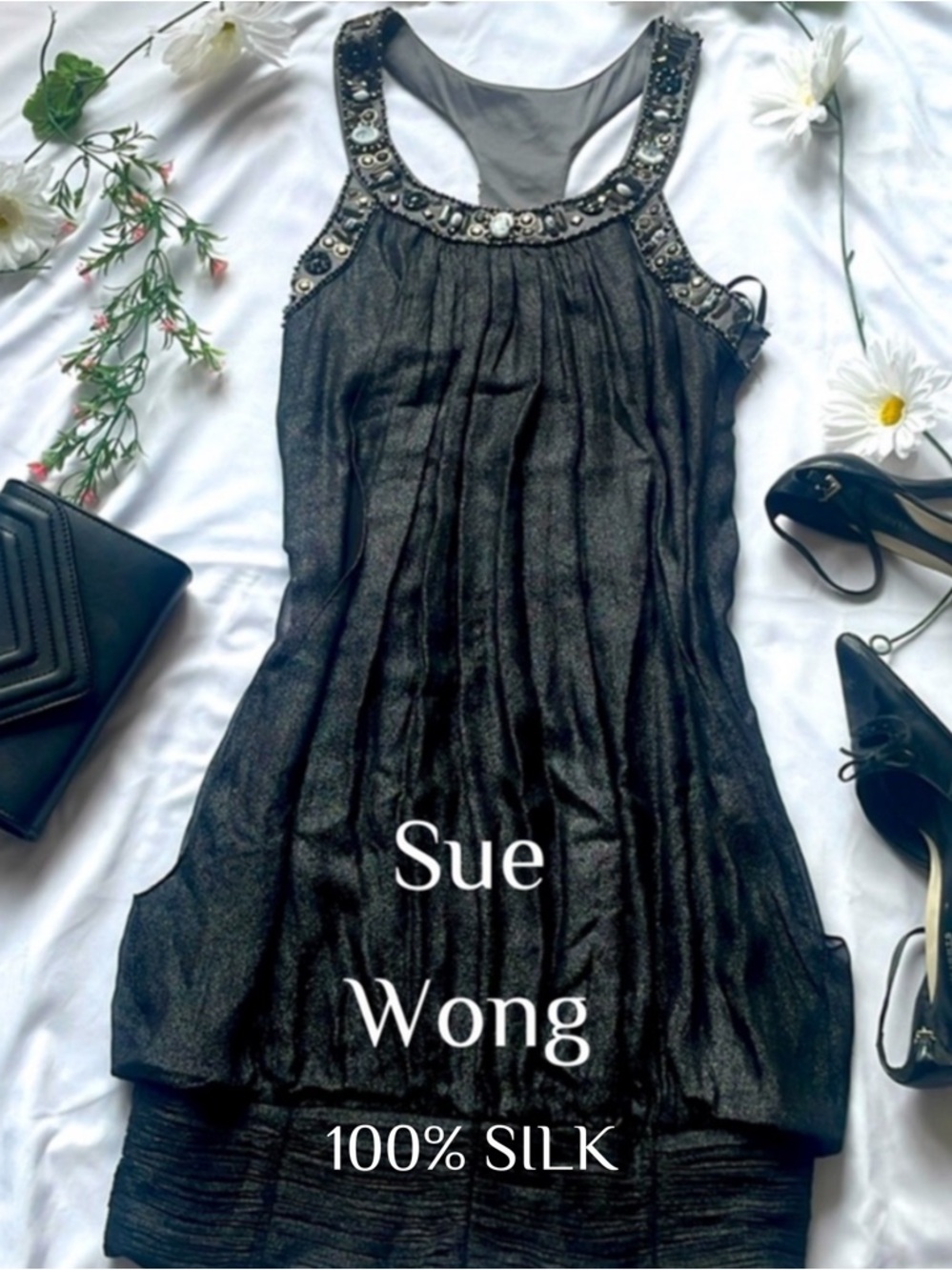 Sue Wong Nocturne 100% Silk Beaded Backless Evening Dress Gatsby Glam 10